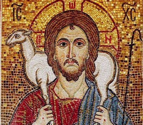 Gesù come il Buon Pastore che guida e protegge il suo gregge, in stile iconografico cristiano o illustrazione moderna