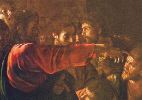 Dettaglio della mano di Lazzaro e di Marta nel dipinto di Caravaggio