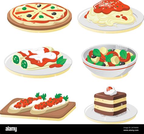 Illustrazione di diversi piatti della cucina italiana, tra cui pasta e pizza