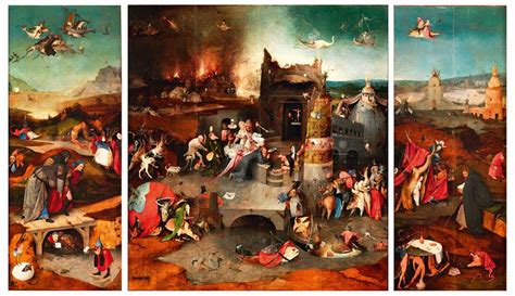 Veduta d'insieme del Trittico delle Tentazioni di Sant'Antonio di Hieronymus Bosch