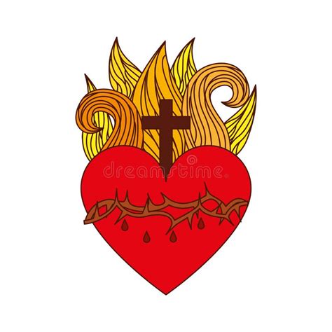 Icona del Sacro Cuore di Gesù con fiamme, corona di spine e croce