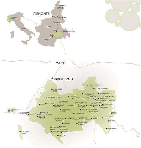 Mappa delle zone di produzione del Moscato d'Asti nelle province di Asti, Alessandria e Cuneo.
