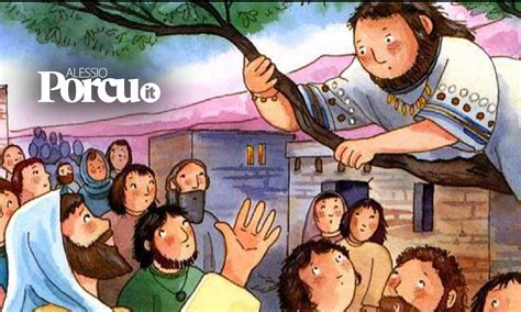 Illustrazione biblica di Zaccheo sull'albero di sicomoro che guarda Gesù