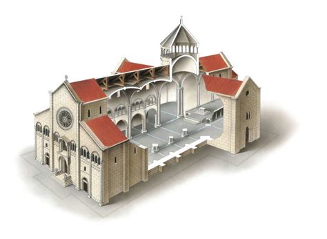 Ricostruzione prospettica della chiesa quattrocentesca con facciata romanica e abside pentagonale