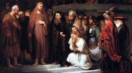 Raffigurazione artistica della scena della donna sorpresa in adulterio, con Gesù che scrive per terra.