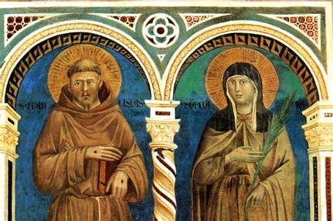 Illustrazione stilizzata di San Francesco e Santa Chiara che guardano nella stessa direzione con un oggetto spirituale tra loro