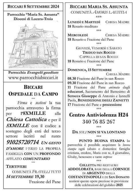 Un esempio di foglietto settimanale parrocchiale con elementi grafici e testi spirituali.