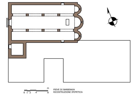 Schema architettonico o pianta della Pieve con indicazione della posizione della cappella del battistero.