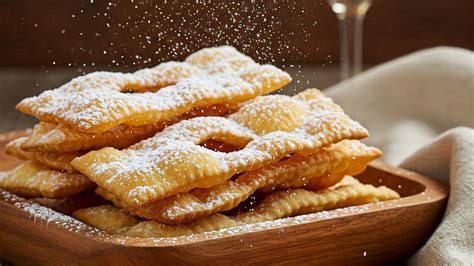Illustrazione storica o foto artistica di un piatto colmo di chiacchiere dorate e croccanti cosparse di zucchero a velo.