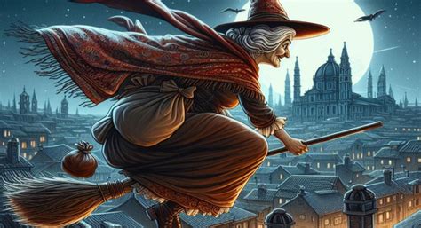 тематическое фото: Befana che vola sulla scopa o scende da un edificio