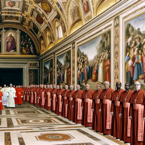Tematica: Un'illustrazione di un conclave storico, con cardinali in processione o in Cappella Sistina.