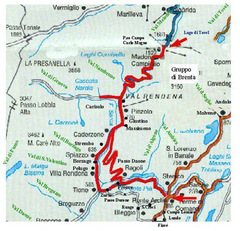 Mappa della Val Rendena con evidenziata Madonna di Campiglio e le aree circostanti