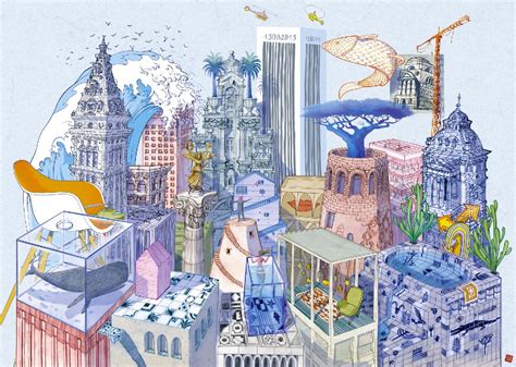 Illustrazione di una città fantastica dove edifici geometrici si fondono con elementi naturali fluidi