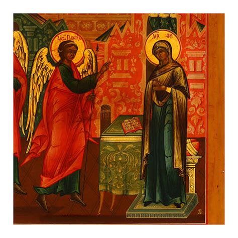 Icona dell'Annunciazione con particolare attenzione al rotolo e al filo rosso.