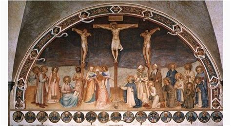 Affresco della Crocifissione del Beato Angelico con pellicano in cima alla croce