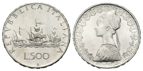 Schema fronte e retro della moneta 500 Lire Caravelle con dettagli di composizione e dimensioni