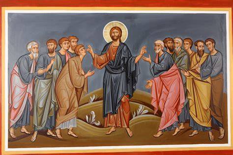 Illustrazione di Gesù che manda gli apostoli a due a due, o una coppia che cammina insieme seguendo la croce