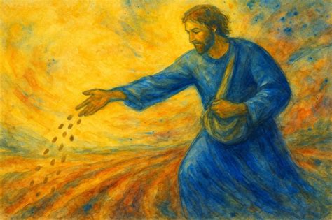 Illustrazione del seminatore che sparge il seme su vari tipi di terreno