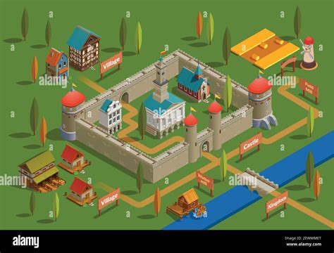 illustrazione storica di un borgo medievale con chiesa e castello
