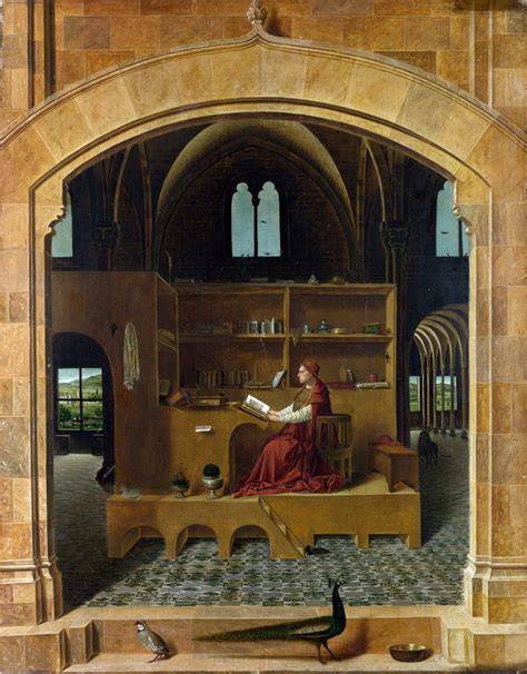 Ritratto di San Girolamo intento a scrivere o studiare testi sacri.