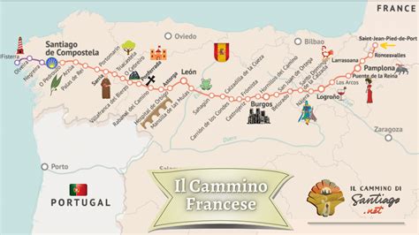 Mappa delle principali città di partenza del Cammino Francese con punti di ritiro della Credenziale