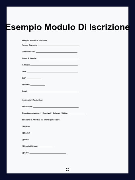 Modello di modulo di iscrizione alle attività parrocchiali