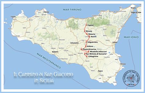 Mappa del Cammino di San Giacomo in Sicilia con evidenziate le tappe principali