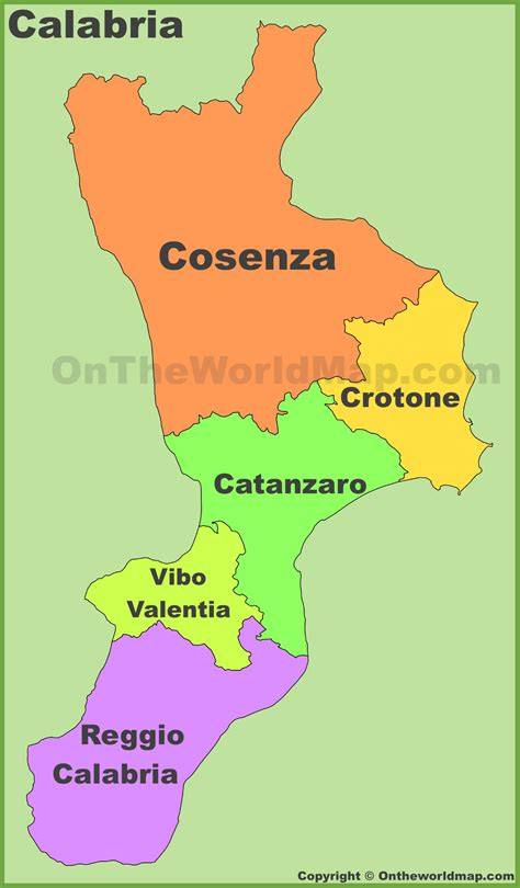 Mappa della Calabria con evidenziate le province di Cosenza e Vibo Valentia