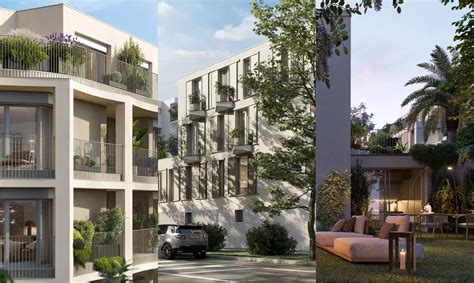 Rendering di un complesso residenziale di lusso con design moderno e aree verdi