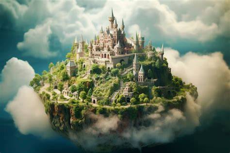 Rappresentazione artistica dell'isola galleggiante con il santuario, circondata da fitta nebbia