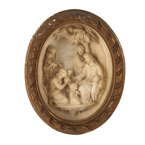 Bassorilievo in gesso raffigurante Gesù con i bambini, con cornice in pastiglia dorata