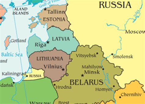 Mappa dei Paesi Baltici con evidenziate Lituania, Estonia, Lettonia e le loro capitali