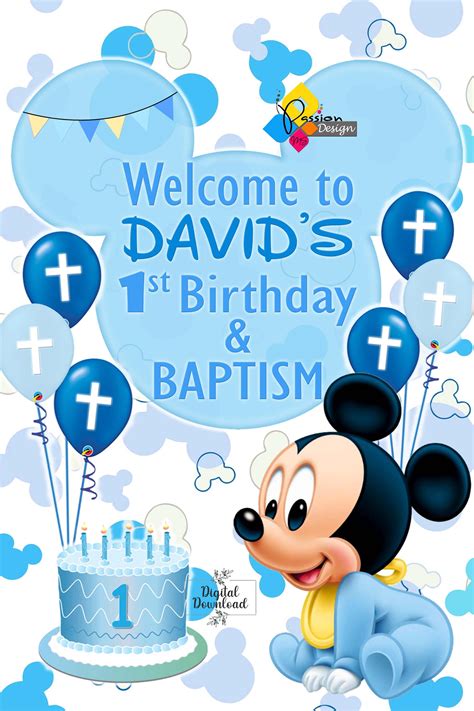 Thematic photo of a baby surrounded by Mickey Mouse themed decorations for a baptism