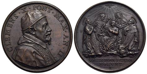 Medaglia in bronzo di Clemente X del 1671 per la canonizzazione dei Santi, raffigurante il busto del Pontefice e i cinque Santi irraggiati dallo Spirito Santo