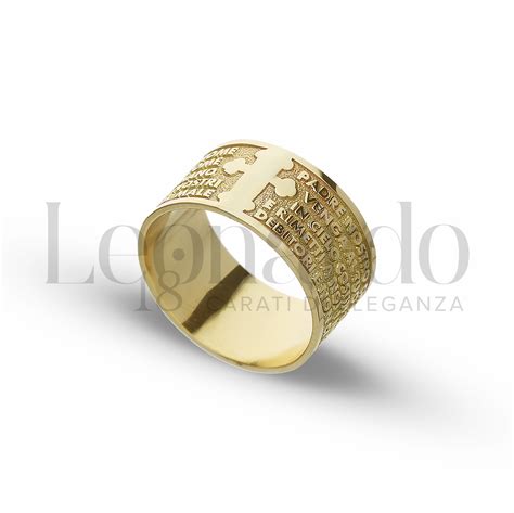 anello in oro giallo con preghiera padre nostro, finitura lucida e satinata