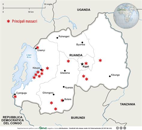 Mappa del Ruanda con indicazione delle zone più colpite dal genocidio