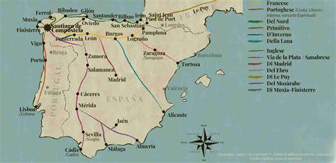mappa storica del Cammino di Santiago con le principali rotte europee che convergono verso la Galizia