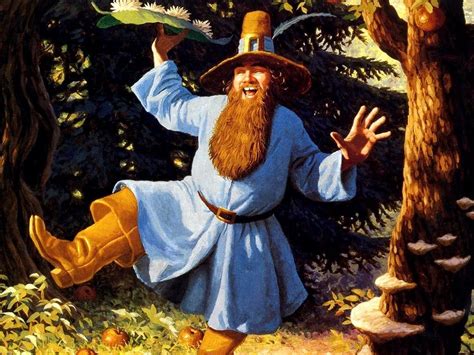 Ritratto di Tom Bombadil come descritto nei libri di Tolkien, con giacca blu, stivali gialli e cappello piumato