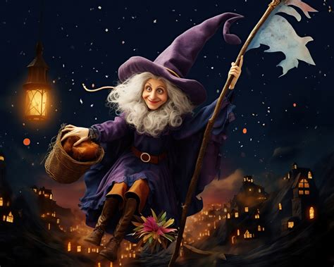 Befana raffigurata con la scopa e un sacco di doni