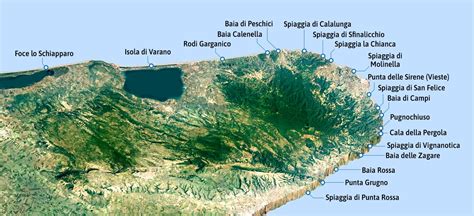 Mappa topografica del Gargano con evidenziate le doline e la costa