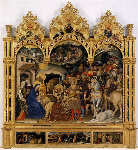 Dettaglio dell'Adorazione dei Magi di Gentile da Fabriano, con la ricchezza dei tessuti e dei personaggi.
