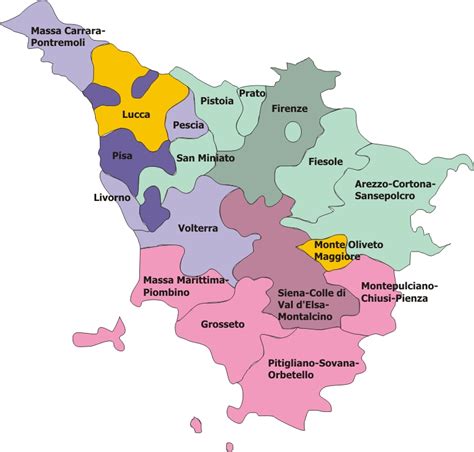 Mappa della Toscana medievale con evidenziate le principali abbazie e monasteri