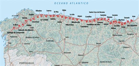Mappa panoramica del Cammino del Nord lungo la costa settentrionale della Spagna