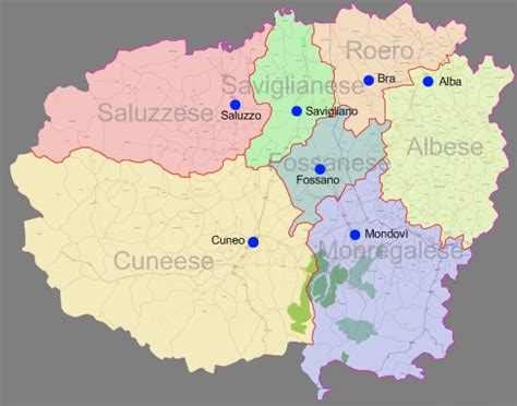 Mappa della provincia di Cuneo con evidenziata la Diocesi di Mondovì