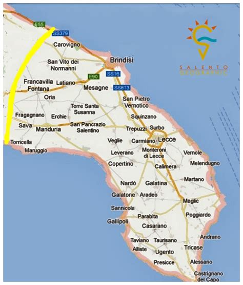 Mappa del Salento con indicazione di Tricase, Taurisano e Specchia, evidenziando le distanze