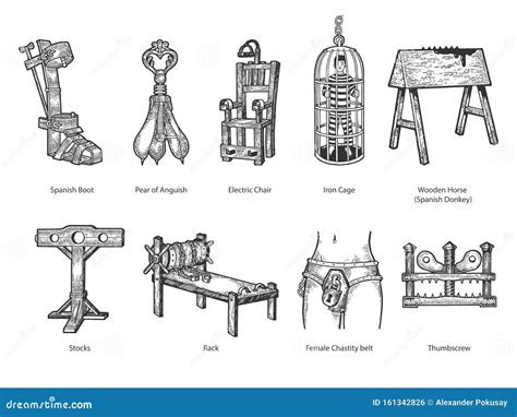 Illustrazione di vari strumenti di tortura medievali e rinascimentali