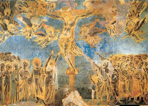 Immagine che illustra il contrasto cromatico attuale della Crocifissione di Cimabue e le aree degradate