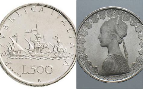 Schema comparativo tra la prova in cupro-nichel e la moneta ufficiale da 500 lire del 1958.