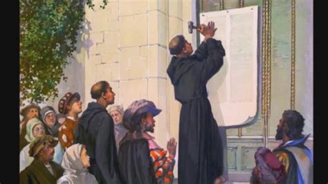 Una raffigurazione delle 95 tesi di Lutero affisse alla porta della chiesa del castello di Wittenberg.