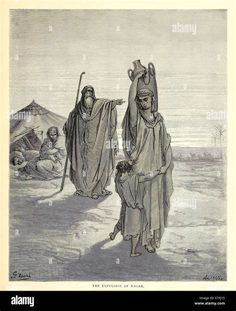 Illustrazione biblica di Agar e Ismaele nel deserto, con l'angelo di Dio che li assiste